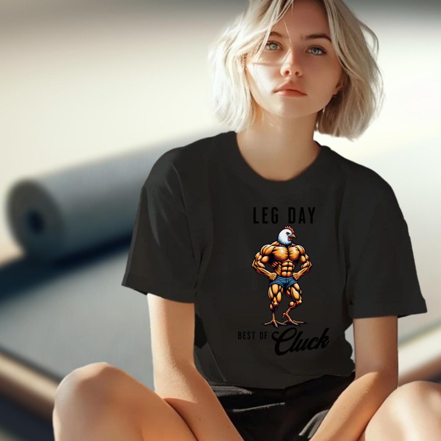 Muscular chicken graphic gym T-shirt, perfect for fitness enthusiasts. Bold design motivates workouts and stands out in the gym.