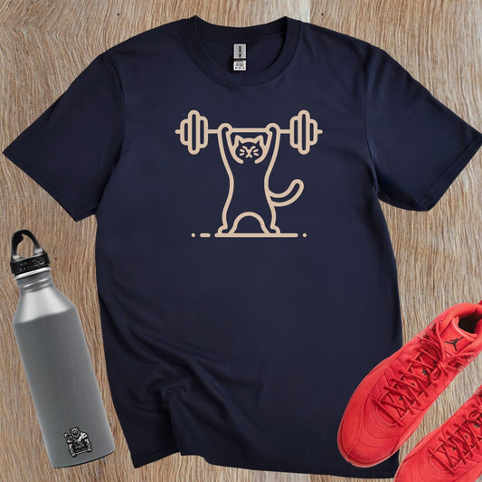 Alt text: "Funny Cat Lifting Weights T-shirt featuring a determined cat showcasing strength, perfect for fitness enthusiasts and gym lovers."