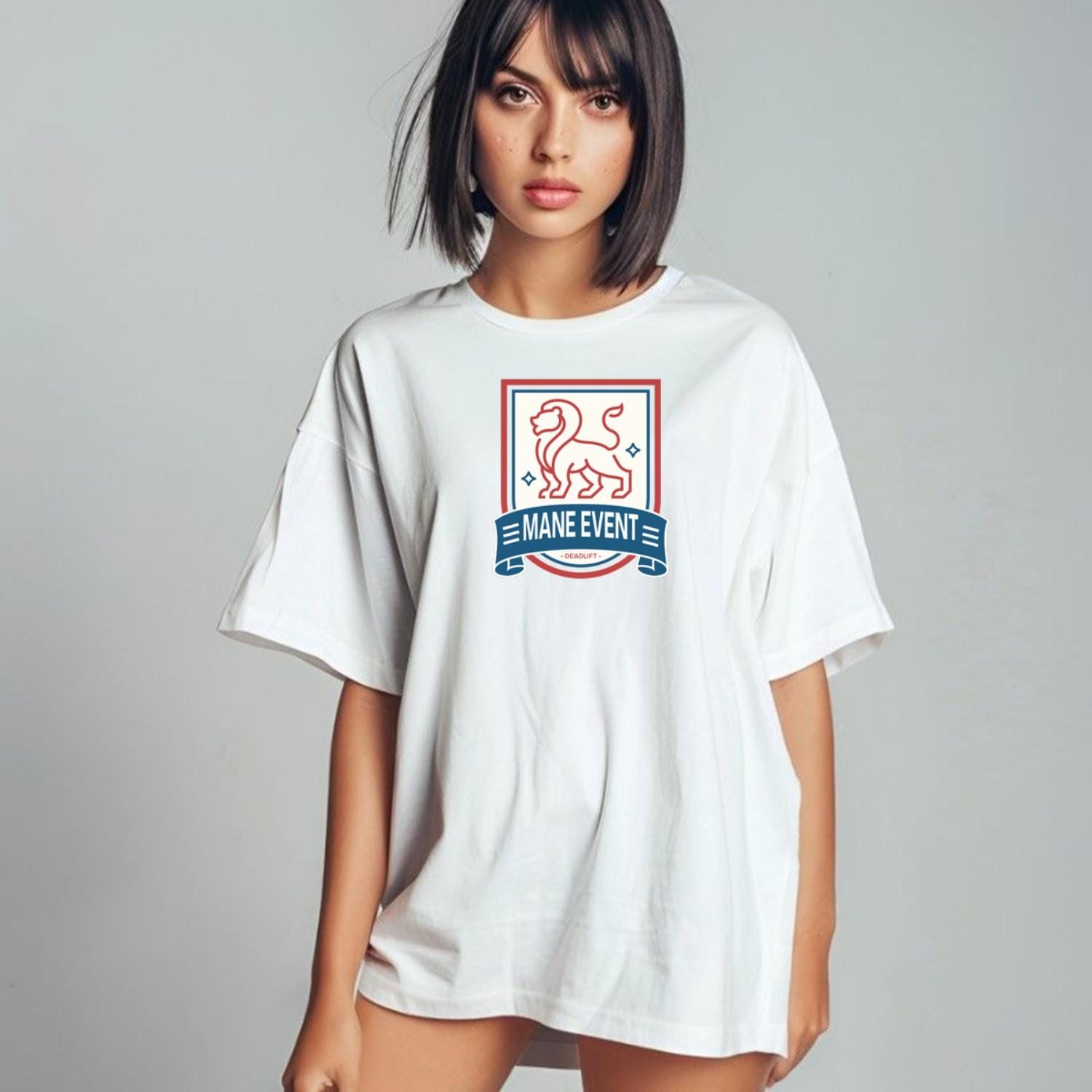 "Bold lion emblem on a 'Mane Event' deadlift T-shirt, symbolizing strength and determination for serious gym enthusiasts."