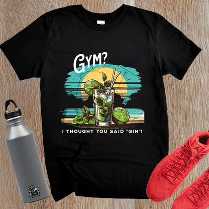 "Vibrant gym T-shirt featuring a colorful cocktail design with the playful phrase 'I thought you said “gin”!' Ideal for fitness lovers."