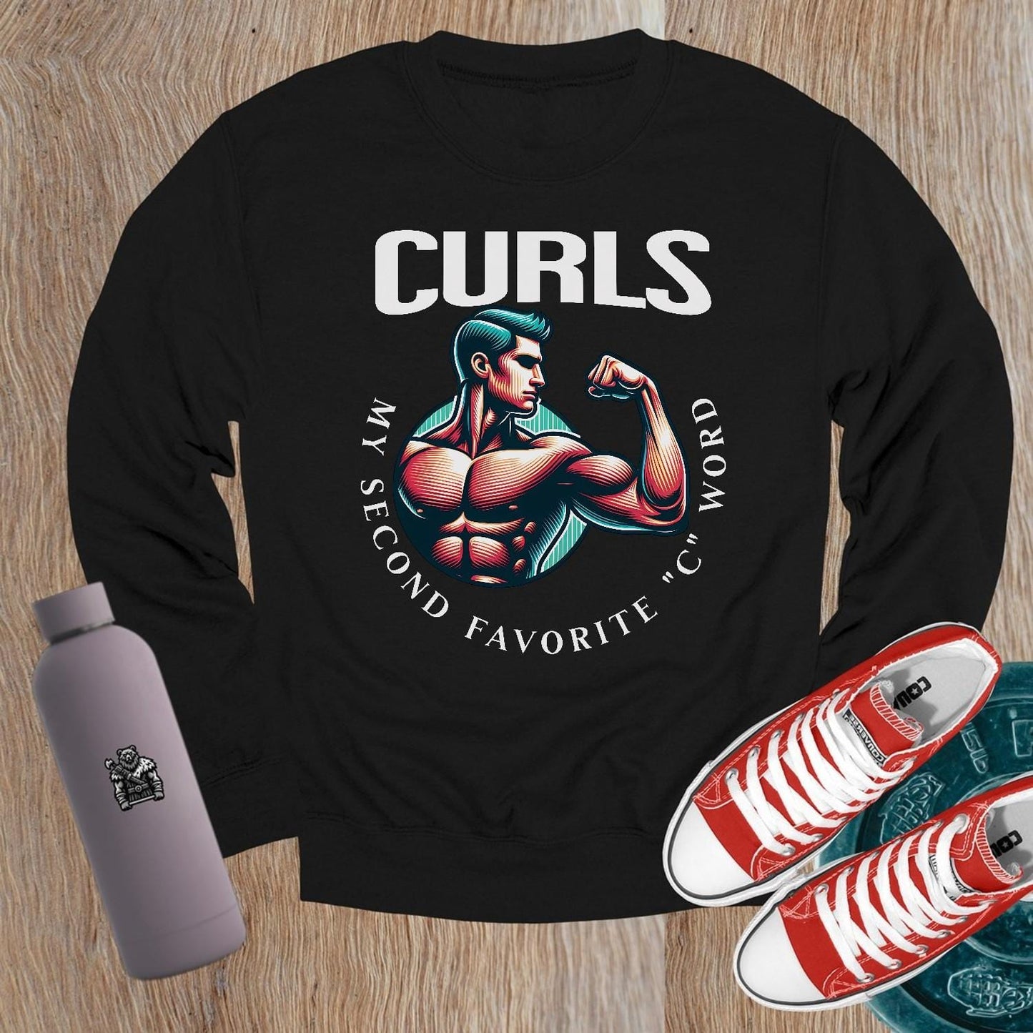 "Bold gym crewneck sweatshirt featuring 'CURLS: My Second Favorite C Word' graphic, celebrating strength and fitness style."