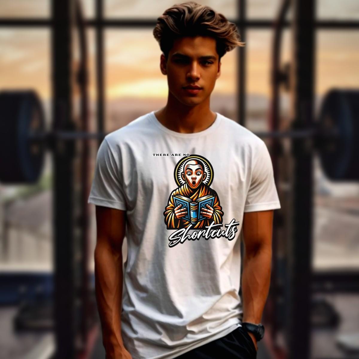 "Bold 'There Are No Shortcuts' gym T-shirt featuring motivational design, perfect for workouts and casual wear, celebrating fitness dedication."