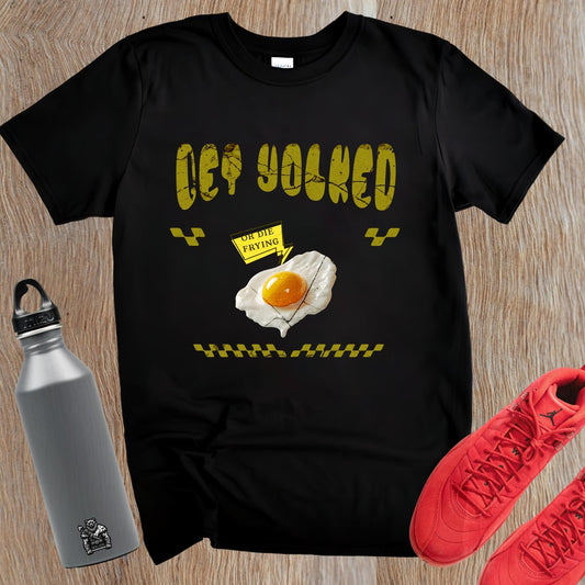 "Bold 'Get Yolked' T-shirt featuring a playful fried egg design, perfect for gym workouts or casual outings. Fitness fashion statement."