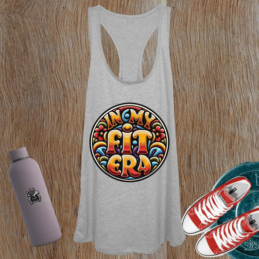 Alt text: "Vibrant women's gym tank top featuring bold 'In My Fit Era' graphic design. Perfect for workouts, weightlifting, or running."
