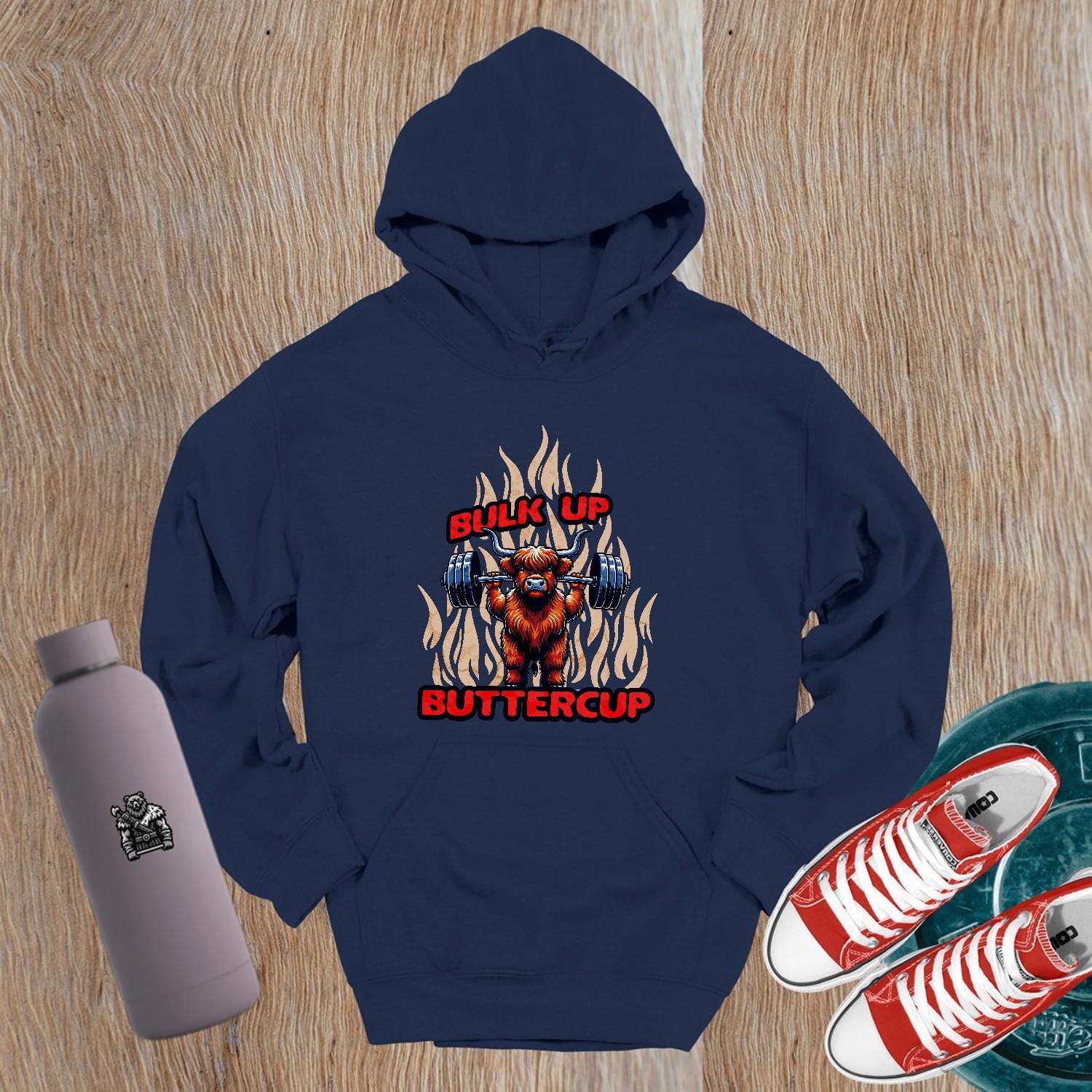 "Bulk Up Buttercup hoodie featuring a bold graphic design showcasing strength and fitness motivation, perfect for gym enthusiasts."