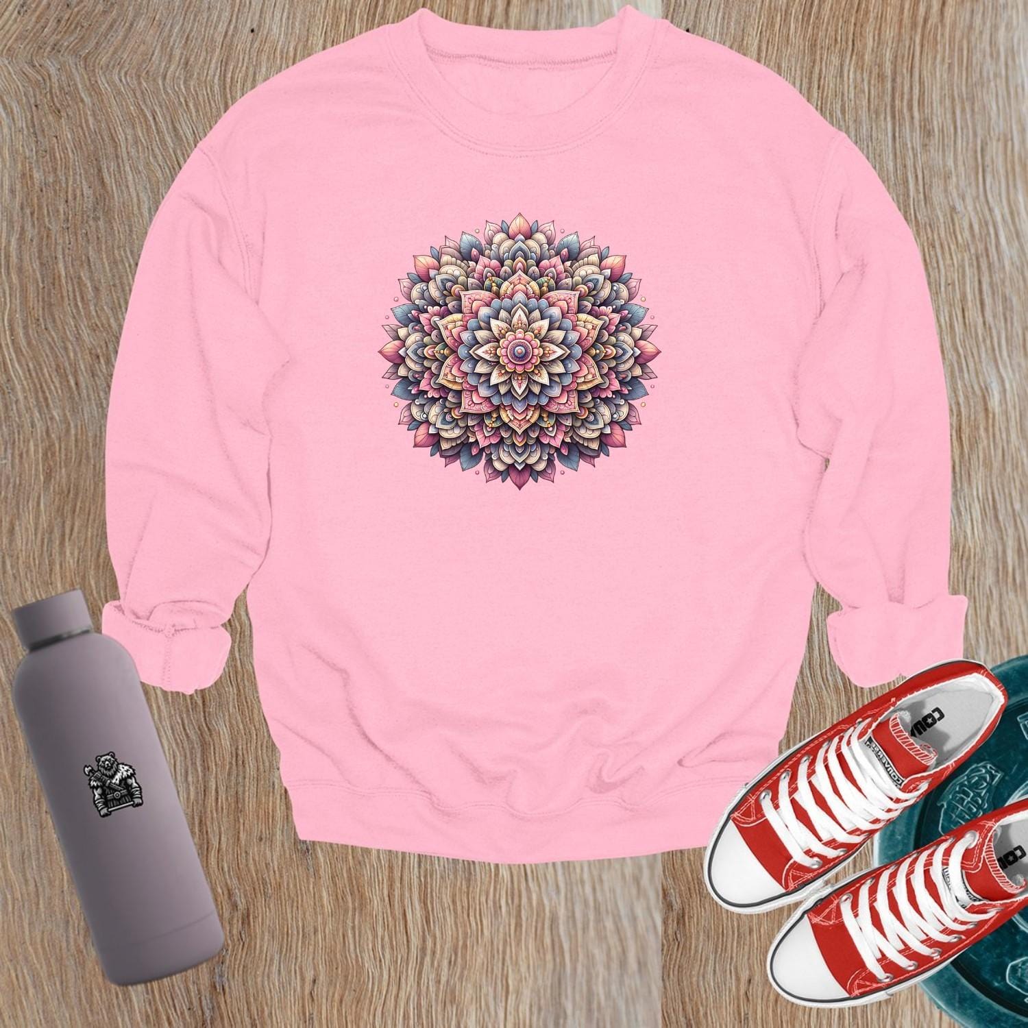 "Vibrant mandala design sweatshirt, perfect for gym workouts and casual outings, showcasing creativity, motivation, and unique style."