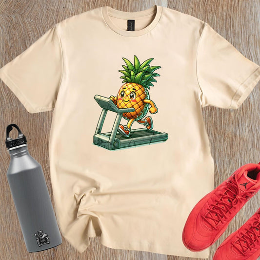 "Bright Pineapple Jogger T-Shirt featuring a cheerful pineapple exercising on a treadmill, promoting fun and motivation in fitness."
