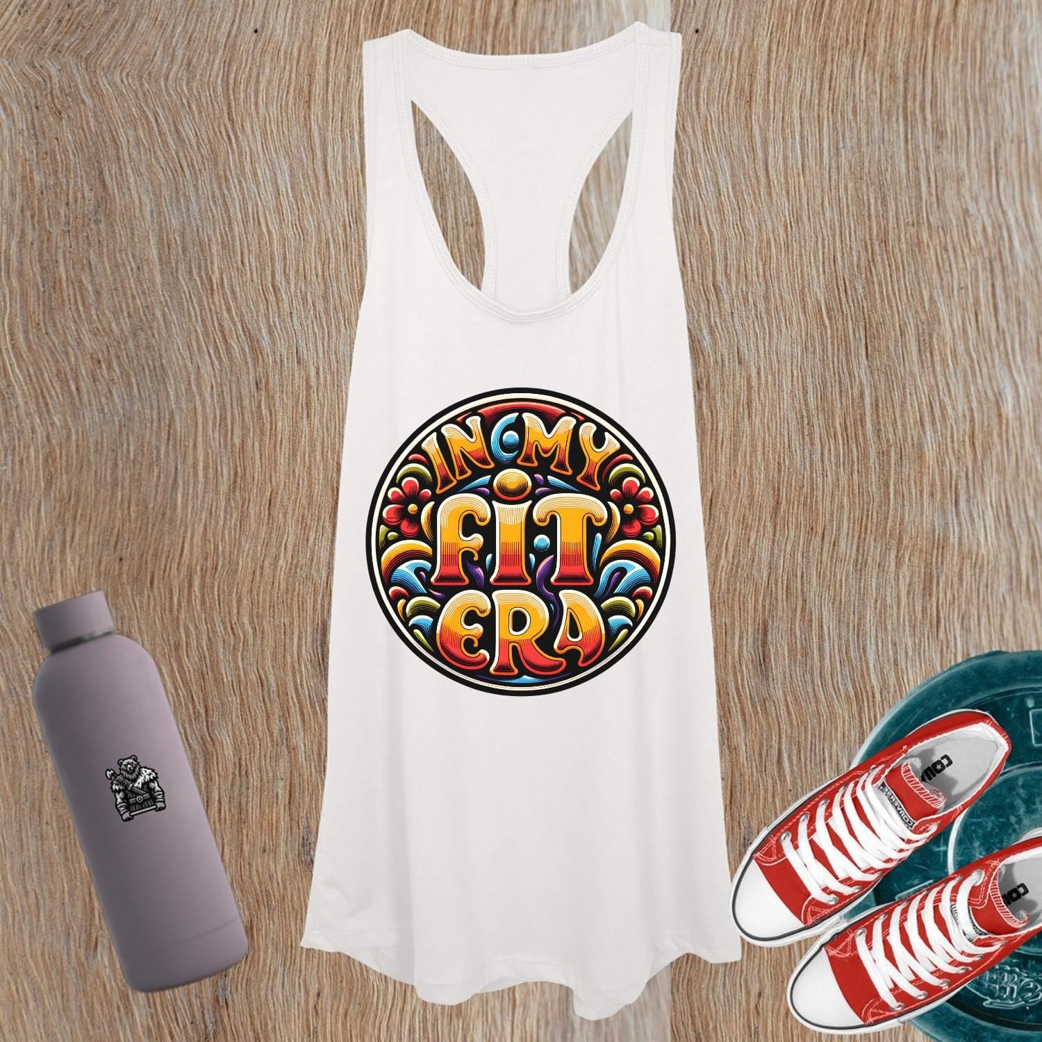 Alt text: "Vibrant women's gym tank top featuring bold 'In My Fit Era' graphic design. Perfect for workouts, weightlifting, or running."