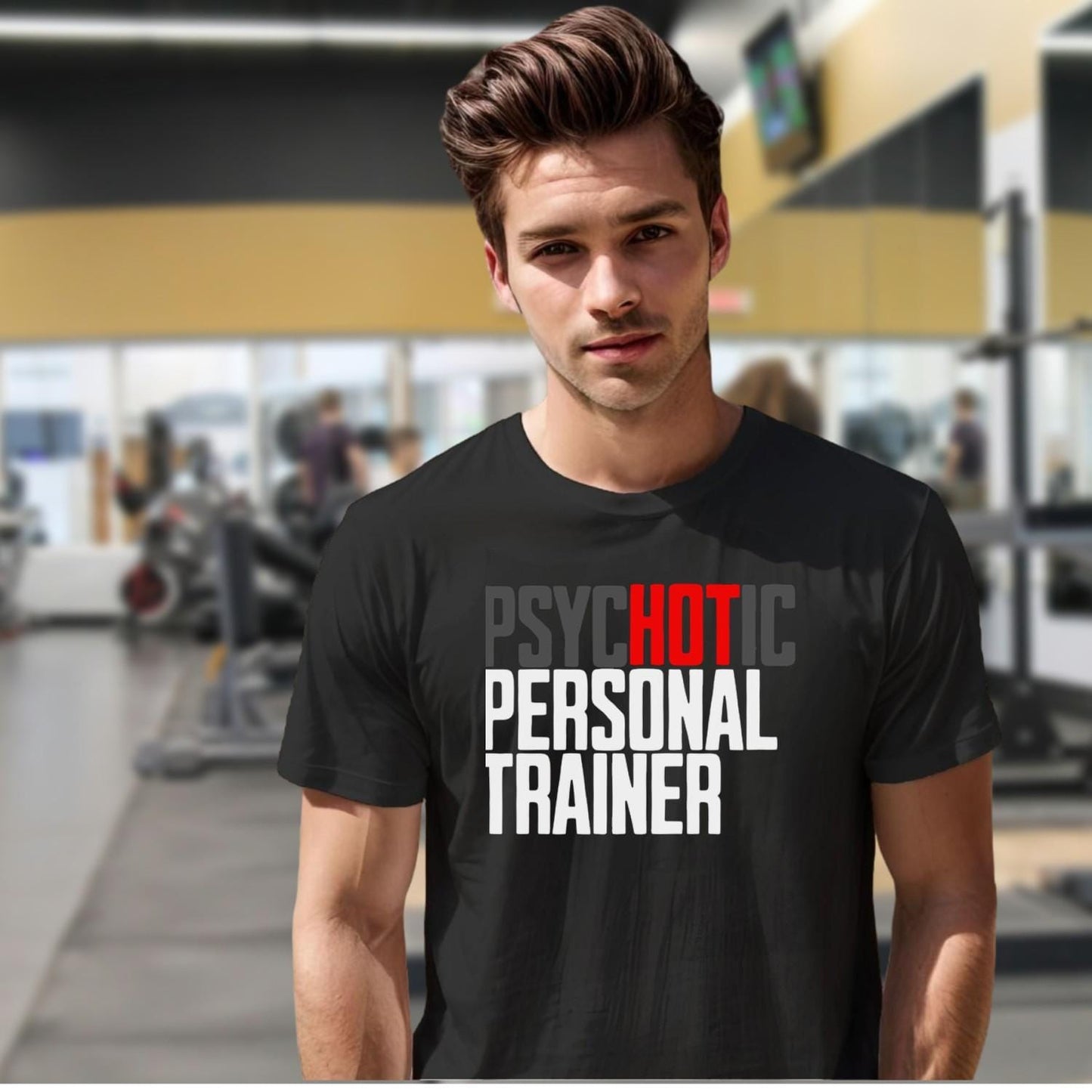 "Bold 'Psychotic Personal Trainer' gym T-shirt featuring edgy graphics, ideal for fitness enthusiasts who push limits and train hard."