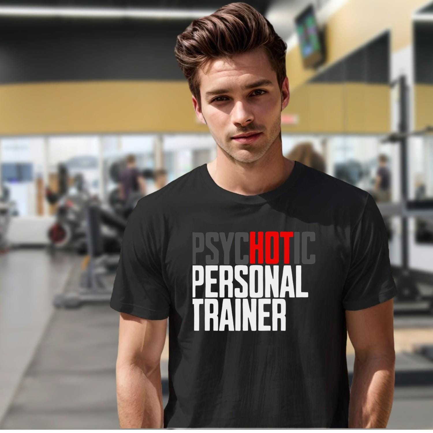"Bold 'Psychotic Personal Trainer' gym T-shirt featuring edgy graphics, ideal for fitness enthusiasts who push limits and train hard."