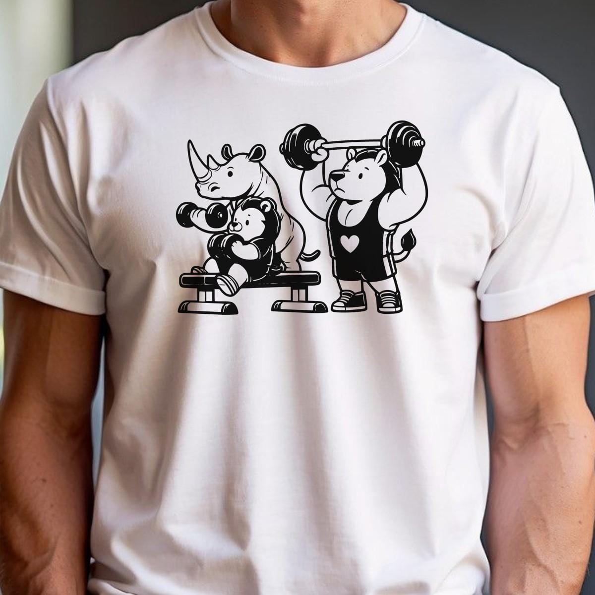 "Playful gym T-shirt featuring a trio of fitness-loving animals, combining fun and comfort for gym enthusiasts and workout motivation."