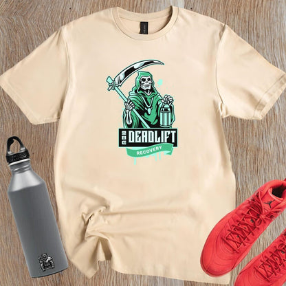 "Graphic gym t-shirt featuring a powerful Grim Reaper design, symbolizing strength and resilience in deadlift recovery for fitness enthusiasts."