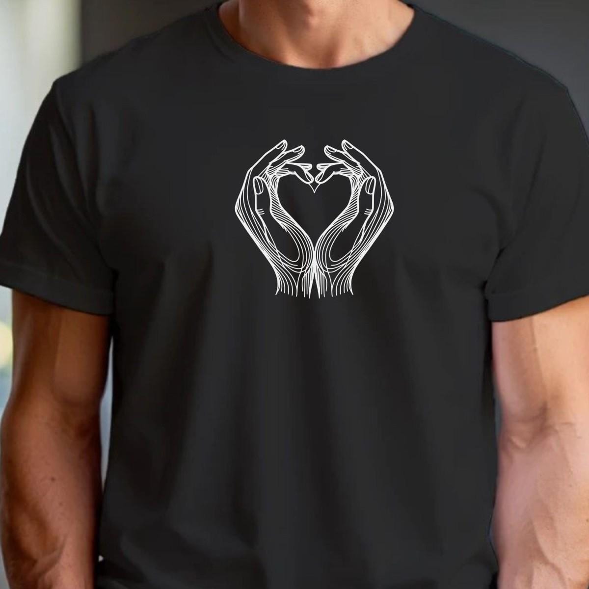 Alt text: "Gym t-shirt featuring a heart-shaped hands design, symbolizing strength, love, and community, perfect for workouts and casual wear."