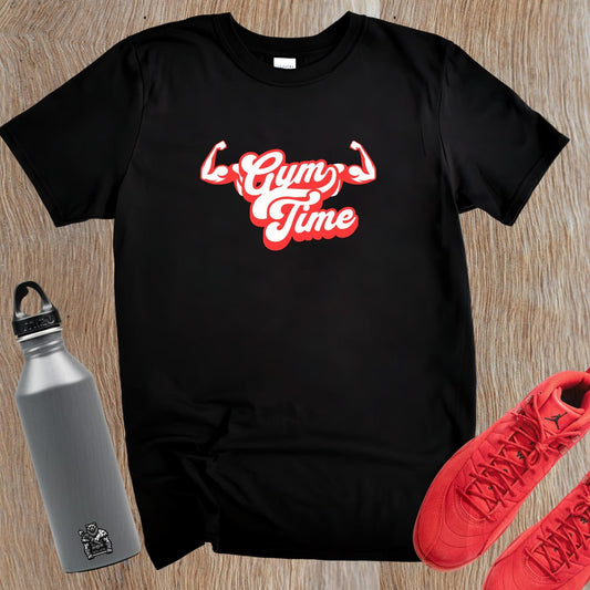 Alt text: "Bold 'Gym Time' T-shirt for fitness enthusiasts, featuring an eye-catching design that symbolizes strength and determination in workouts."