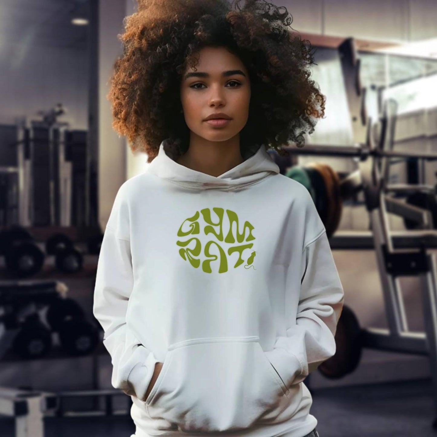 "Bold 'Gym Rat' graphic hoodie for fitness enthusiasts, showcasing stylish design and relaxed fit for workouts and casual wear."