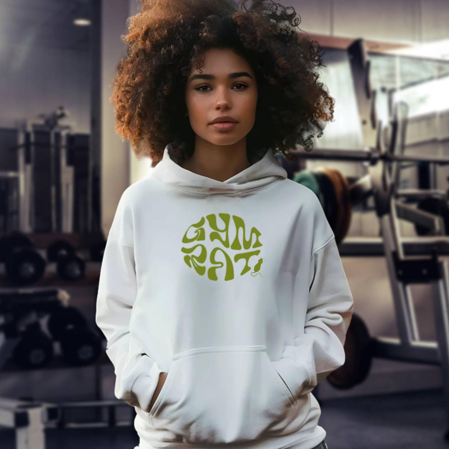 "Bold 'Gym Rat' graphic hoodie for fitness enthusiasts, showcasing stylish design and relaxed fit for workouts and casual wear."