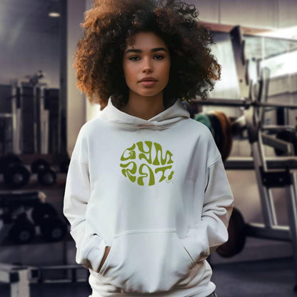 "Bold 'Gym Rat' graphic hoodie for fitness enthusiasts, showcasing stylish design and relaxed fit for workouts and casual wear."