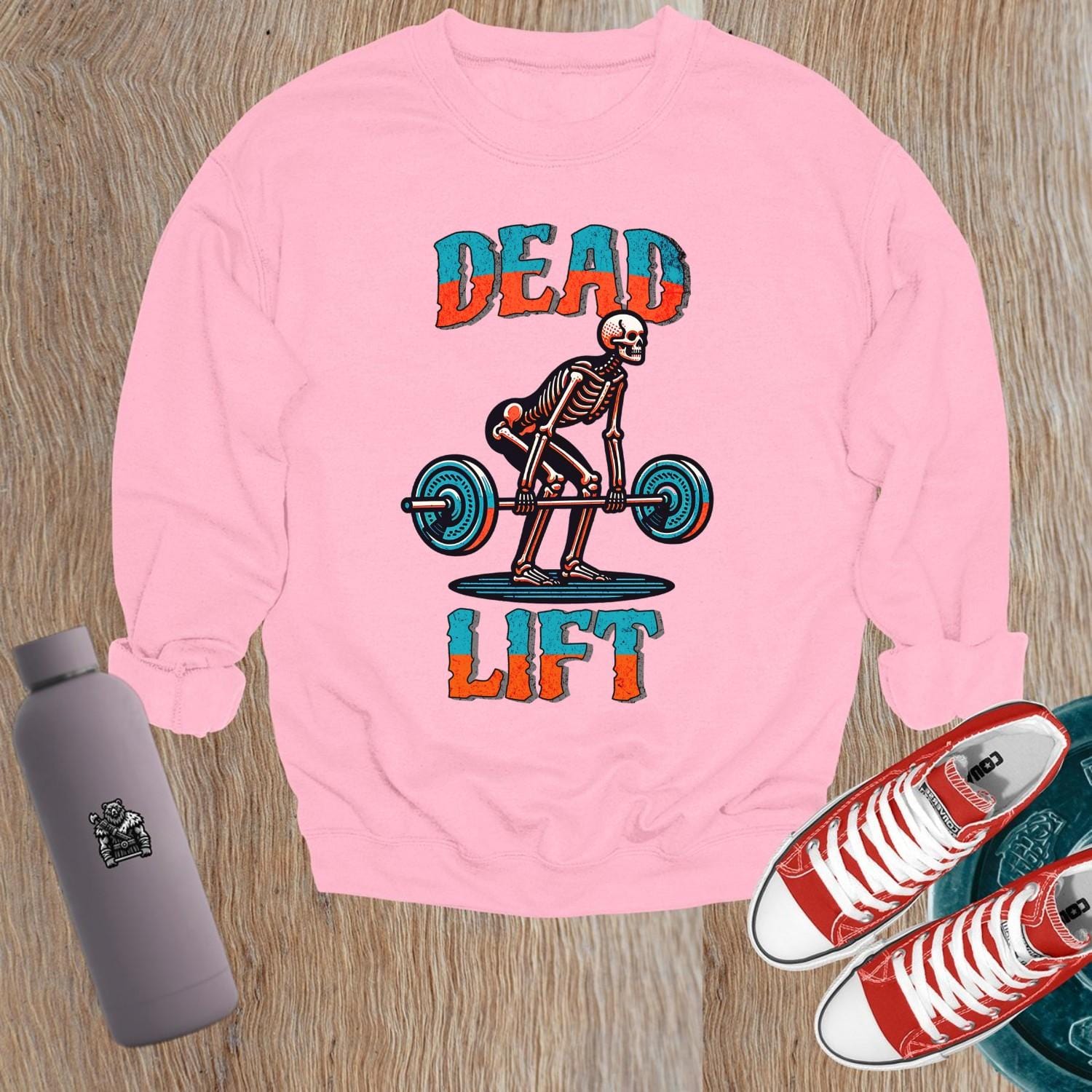 "Dead Lift sweatshirt featuring a bold skeleton graphic, perfect for gym workouts and casual wear. Stylish fitness apparel for lifting."