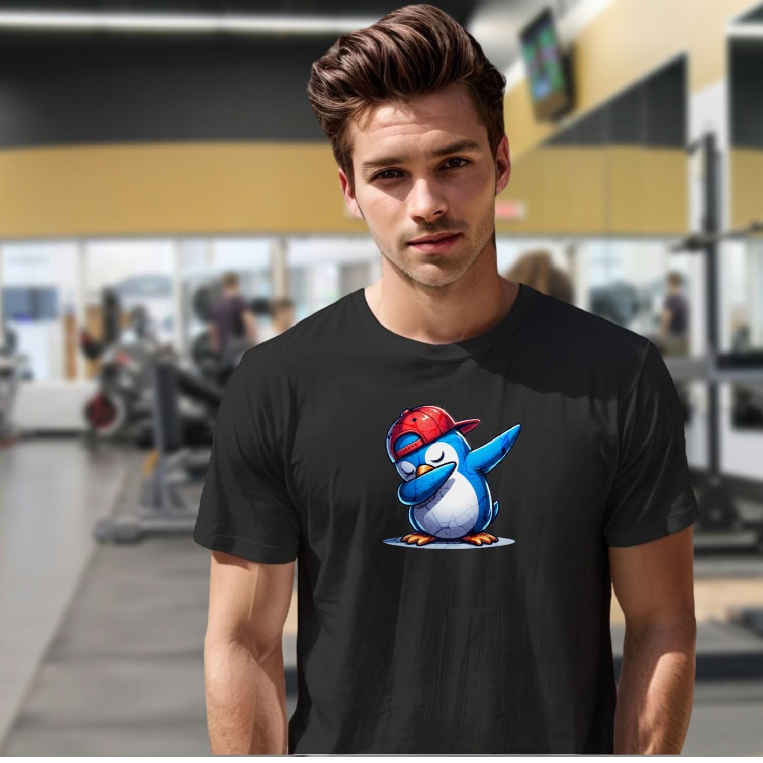 Alt text: "Vibrant gym T-shirt featuring a playful penguin wearing a cap, perfect for fitness enthusiasts who value comfort and style."