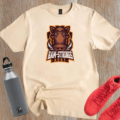 Alt text: "Bold 'Ham-Strings Hurt' gym T-shirt featuring motivating text design for fitness enthusiasts, perfect for intense workout sessions."