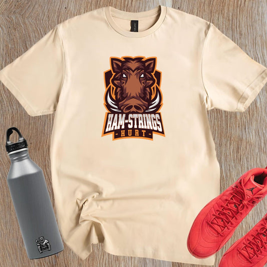 Alt text: "Bold 'Ham-Strings Hurt' gym T-shirt featuring motivating text design for fitness enthusiasts, perfect for intense workout sessions."