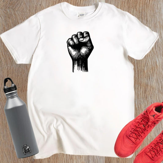 Alt text: "Bold gym t-shirt with a powerful raised fist graphic, symbolizing strength and determination for passionate fitness enthusiasts."