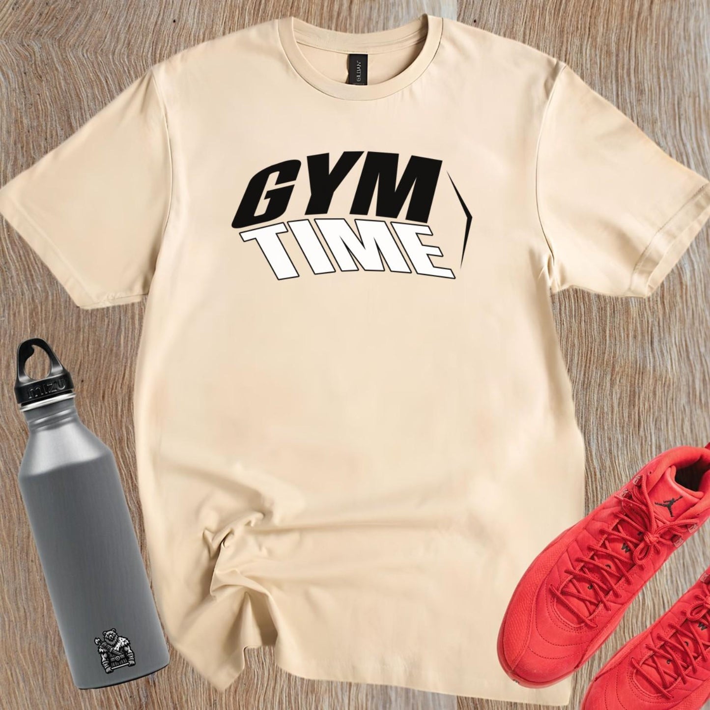"Bold graphic gym T-Shirt featuring 'TIME' slogan, perfect for workouts and casual wear. Stylish and motivational athletic wear."