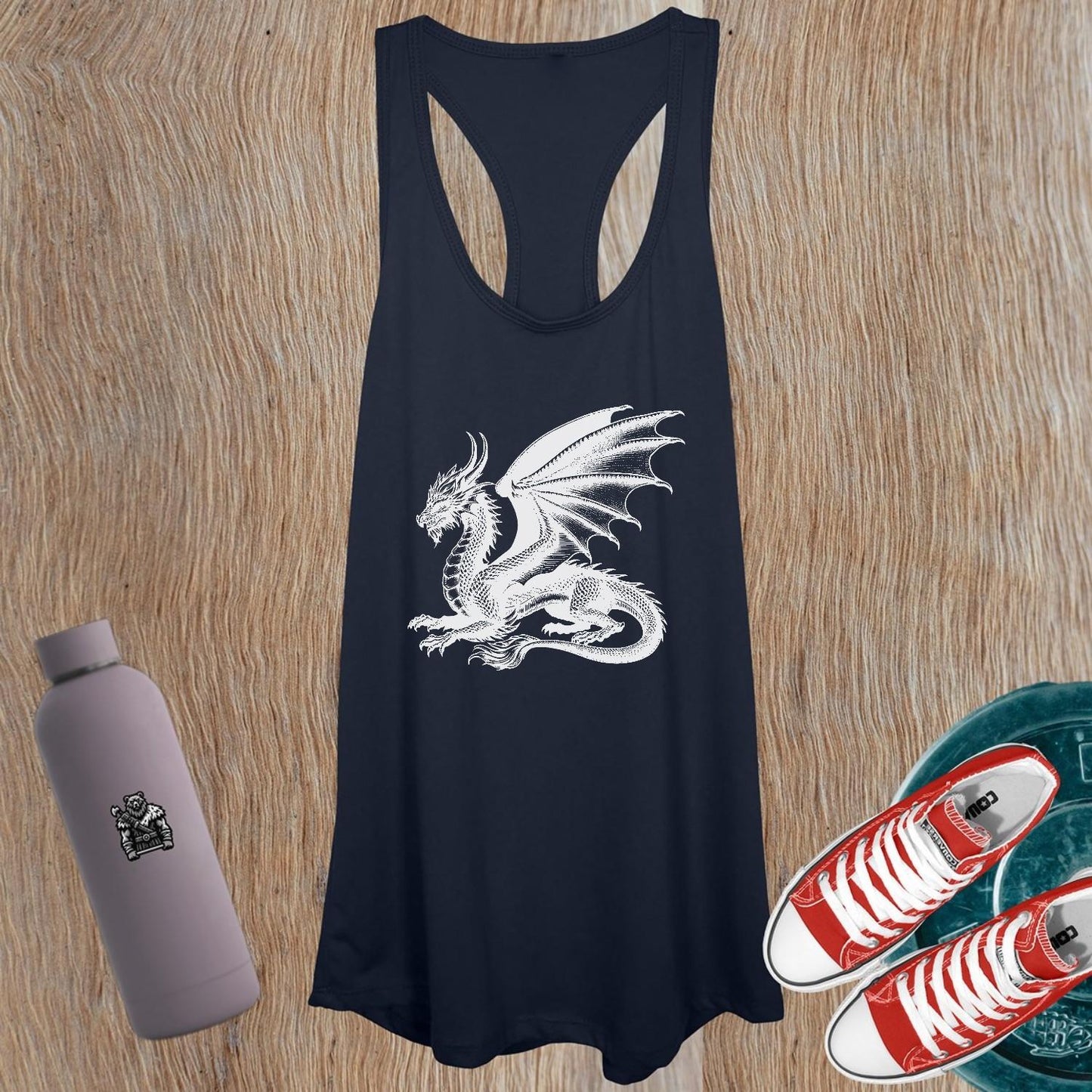 "Women's Dragon Tank Top featuring a fierce dragon design, perfect for gym workouts or casual outings, combined with a flattering fit."