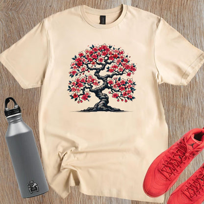 Alt text: "Vibrant cherry blossom tree design on a stylish gym t-shirt, symbolizing strength and resilience for fitness enthusiasts."