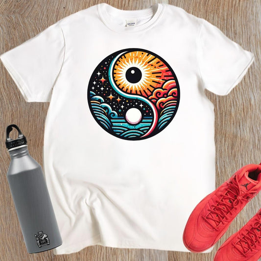 "Dynamic yin-yang graphic T-shirt for workouts, symbolizing balance and strength. Perfect for lifting or yoga, showcasing fitness style."