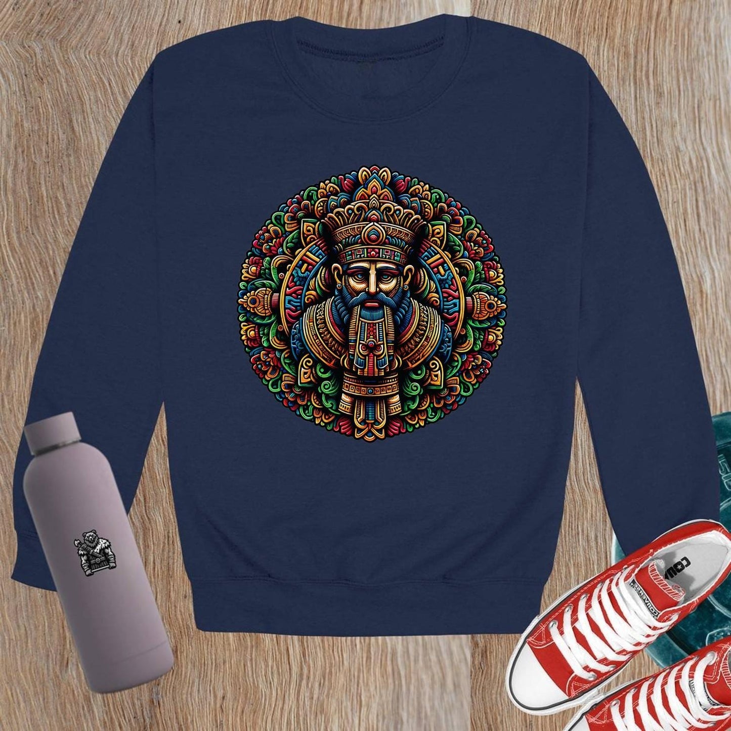 "Vibrant crewneck sweatshirt with dynamic graphic design celebrating strength and resilience, perfect for gym wear and casual outings."