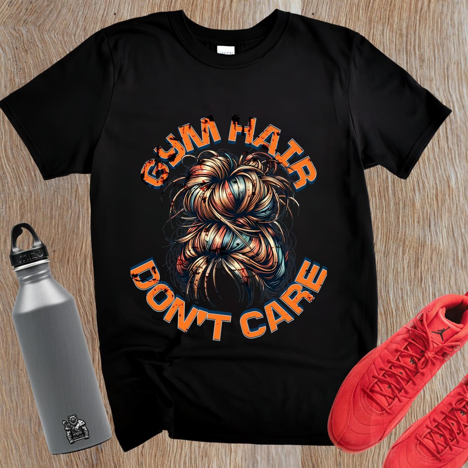 "Stylish gym T-shirt showcasing 'Gym Hair Don't Care' slogan, perfect for fitness enthusiasts. Eye-catching design for workouts."
