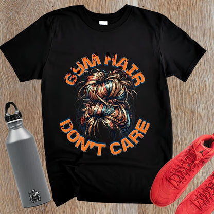 "Stylish gym T-shirt showcasing 'Gym Hair Don't Care' slogan, perfect for fitness enthusiasts. Eye-catching design for workouts."