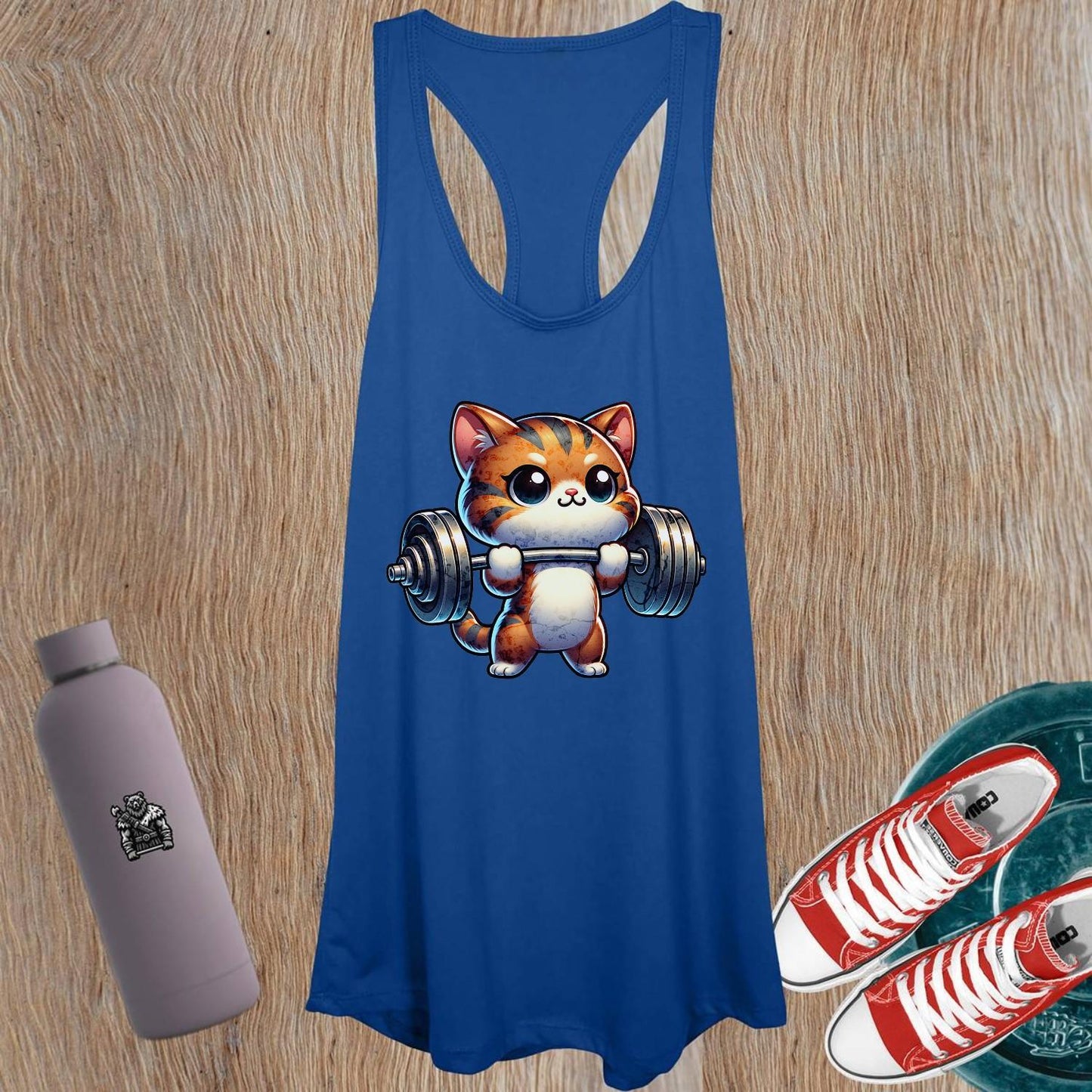 "Adorable women's tank top featuring a cute kitty lifting weights, perfect for gym workouts and casual wear. Fun graphic design."