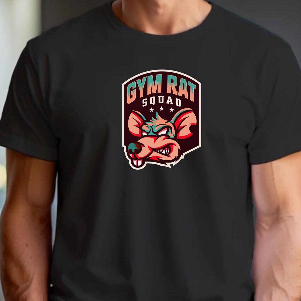 "Bold Gym Rat Squad T-shirt design featuring fierce graphics for fitness enthusiasts, perfect for weightlifting and cardio workouts."