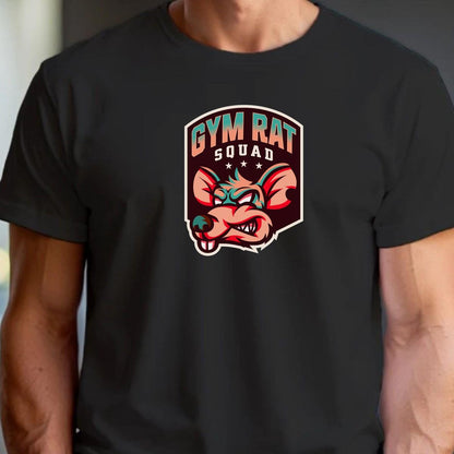 "Bold Gym Rat Squad T-shirt design featuring fierce graphics for fitness enthusiasts, perfect for weightlifting and cardio workouts."