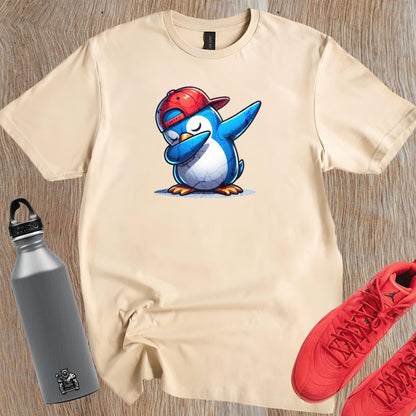 "Vibrant penguin-themed gym tee featuring a cartoon penguin in a snapback, perfect for fun workouts and casual outings."