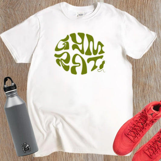 "Bold 'Gym Rat' T-shirt featuring a playful design celebrating fitness dedication. Ideal for workouts and casual outings. Embrace strength!"