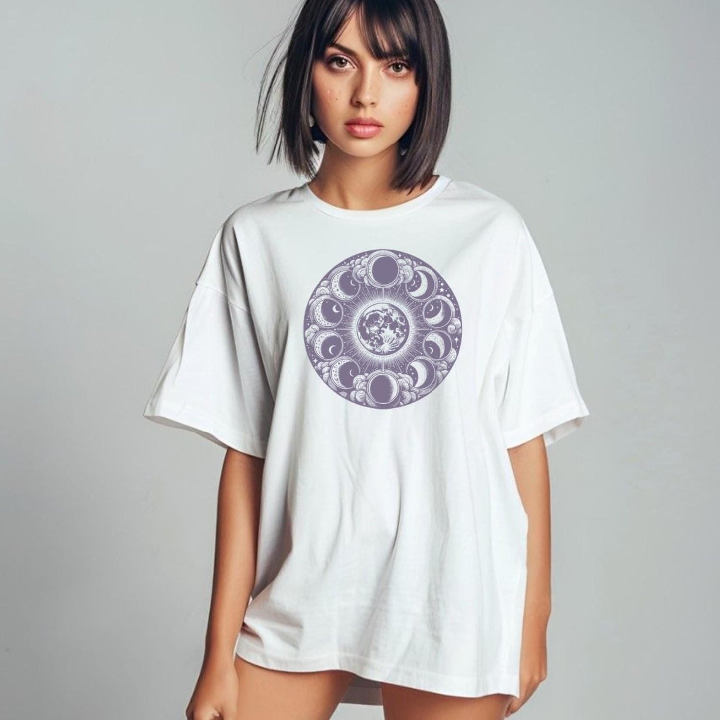 "Stylish Moon Phase T-Shirt for workouts, featuring a celestial design that inspires fitness motivation. Perfect for yoga and running."