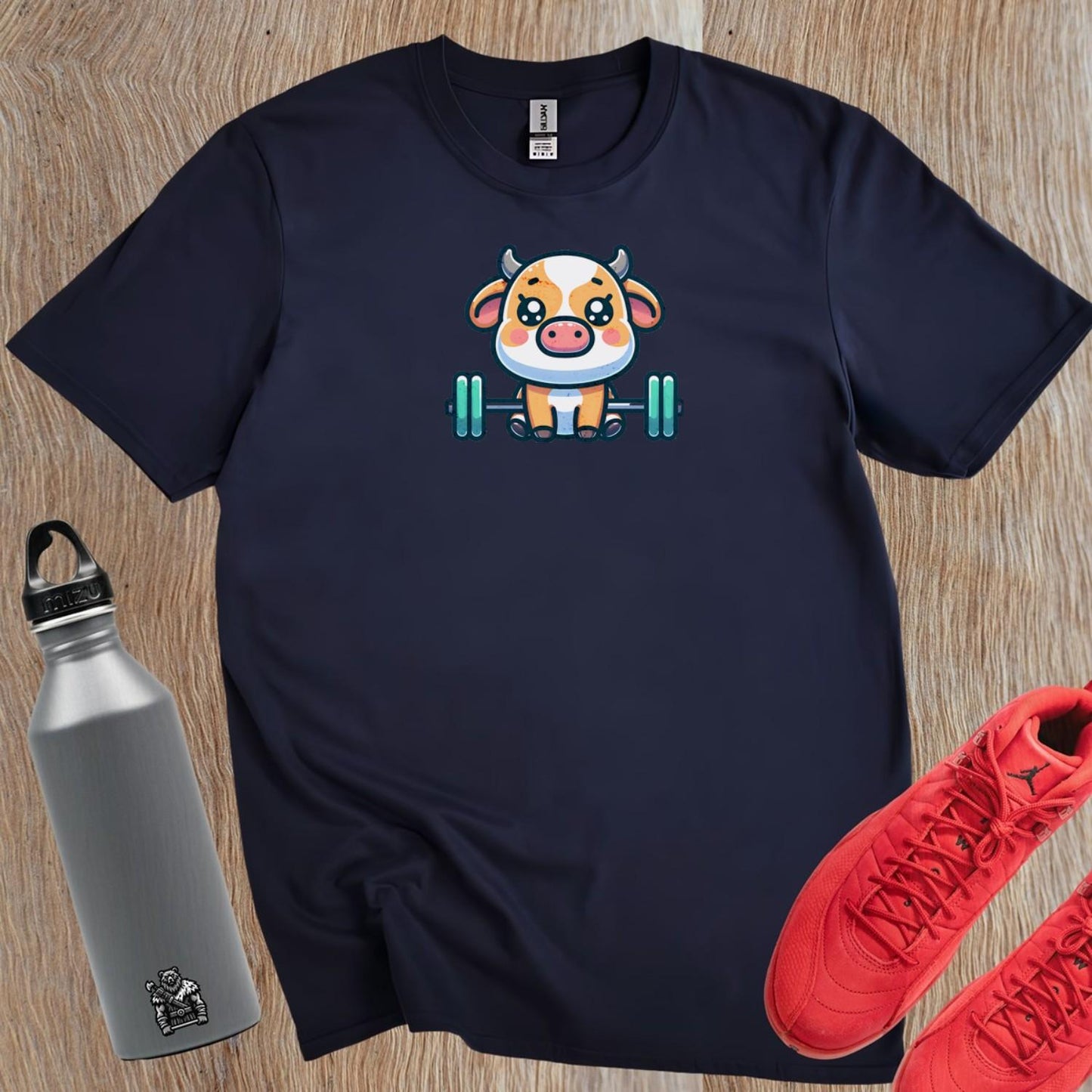 "Adorable gym T-shirt design featuring a playful weightlifting cow, perfect for workouts and leisure. Unique fitness apparel for fun."
