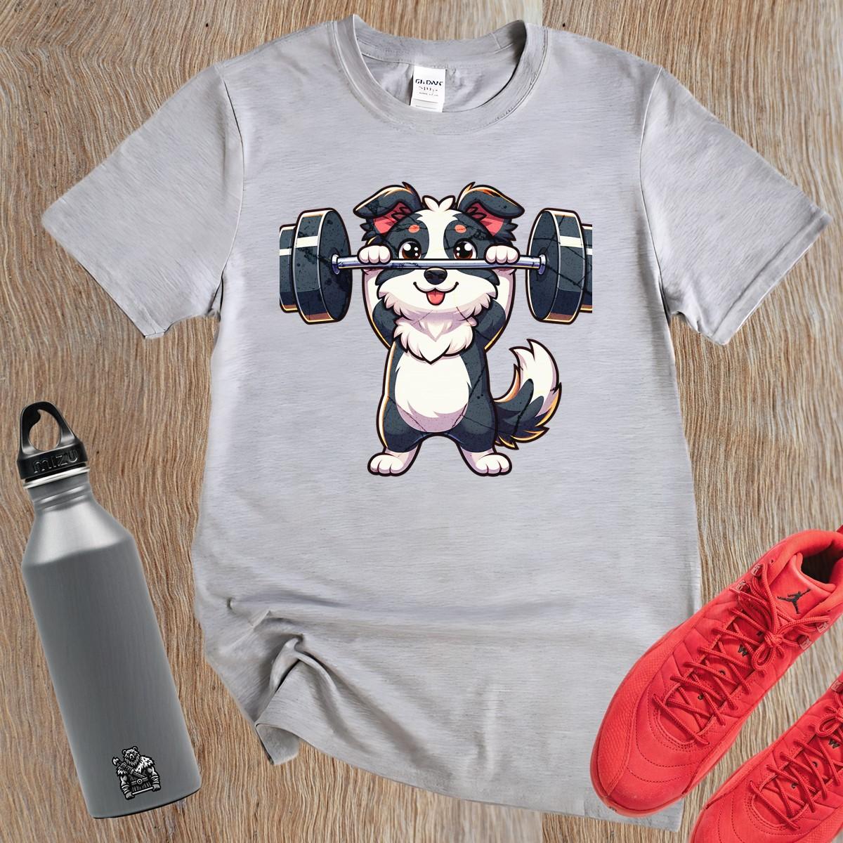 "Playful gym T-shirt featuring a cute lifting puppy graphic, ideal for fitness enthusiasts. Fun design for workouts and casual wear."