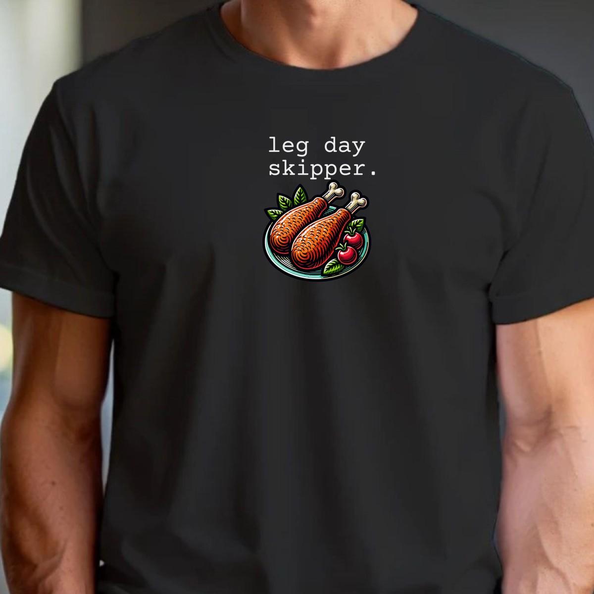 "Playful ‘Leg Day Skipper’ T-shirt featuring a humorous design, perfect for gym lovers who value style, comfort, and a fun workout attitude."