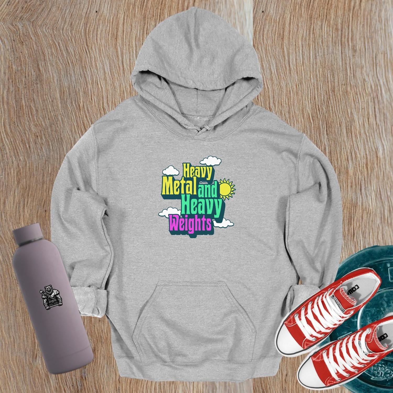 "Vibrant gym hoodie featuring bold 'Heavy Metal and Heavy Weights' graphics, perfect for fitness enthusiasts who lift heavy."
