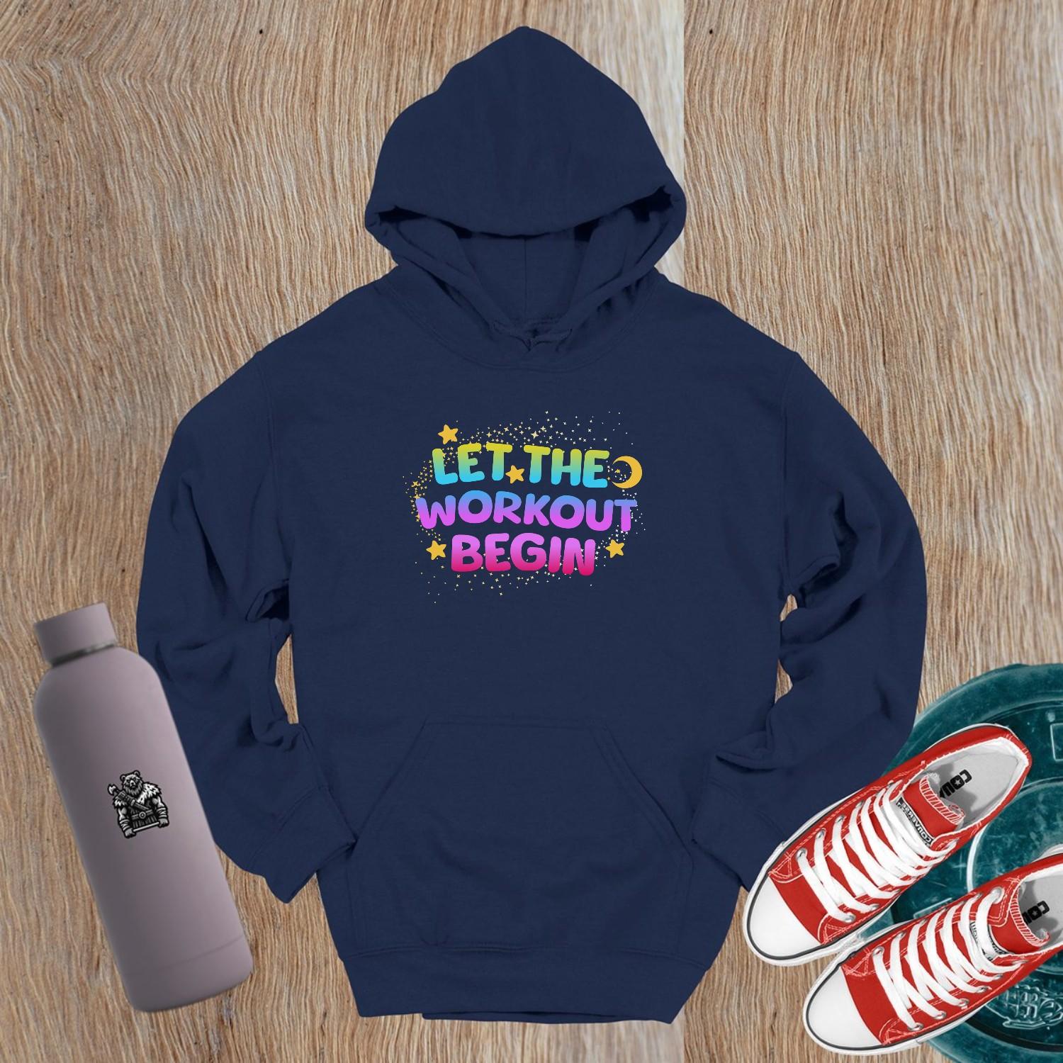 "Vibrant 'Let the Workout Begin' hoodie showcasing motivational design, perfect for gym enthusiasts and casual wear, inspiring fitness."