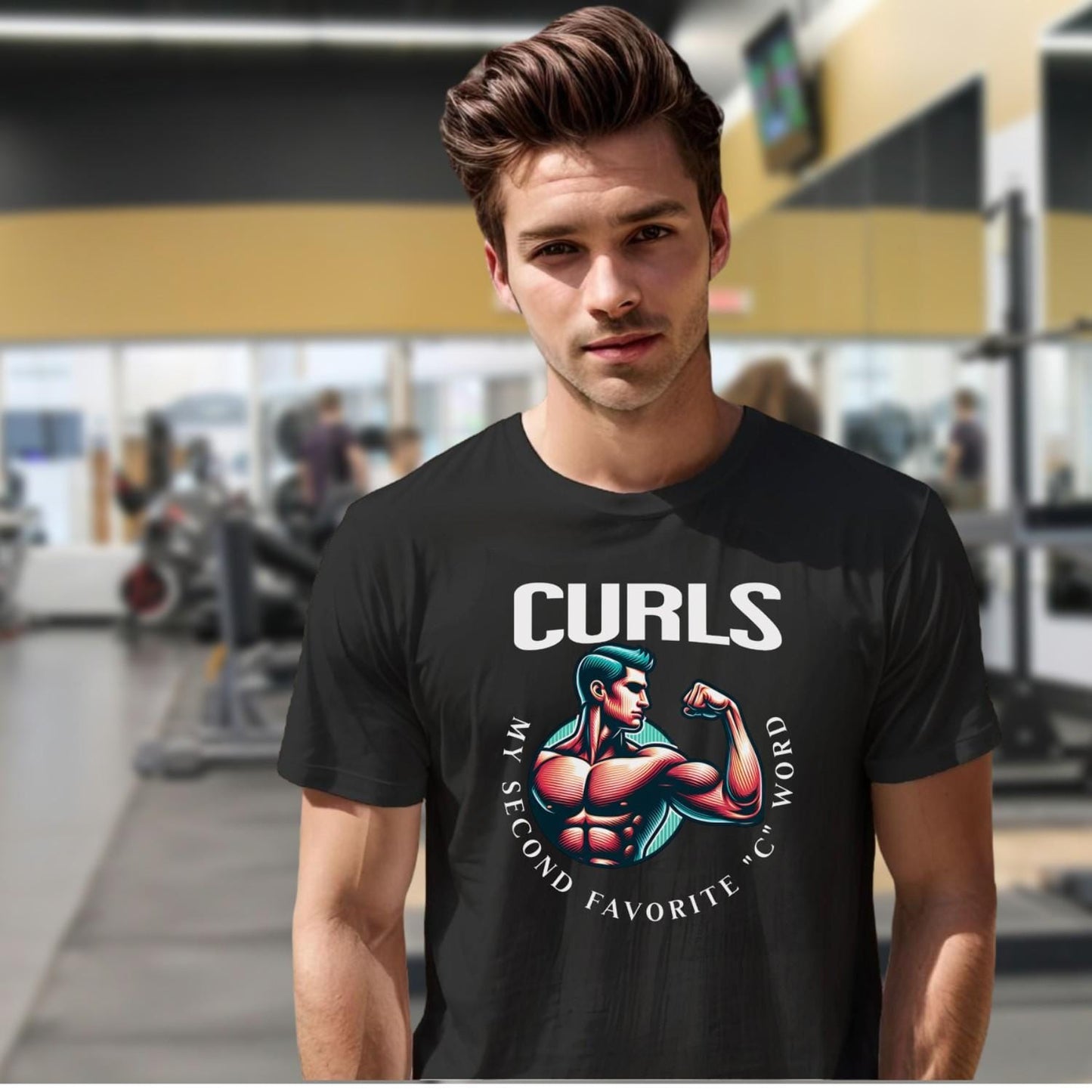 "Bold fitness T-shirt featuring 'CURLS: My Second Favorite C Word' design, ideal for gym enthusiasts showcasing strength and humor."