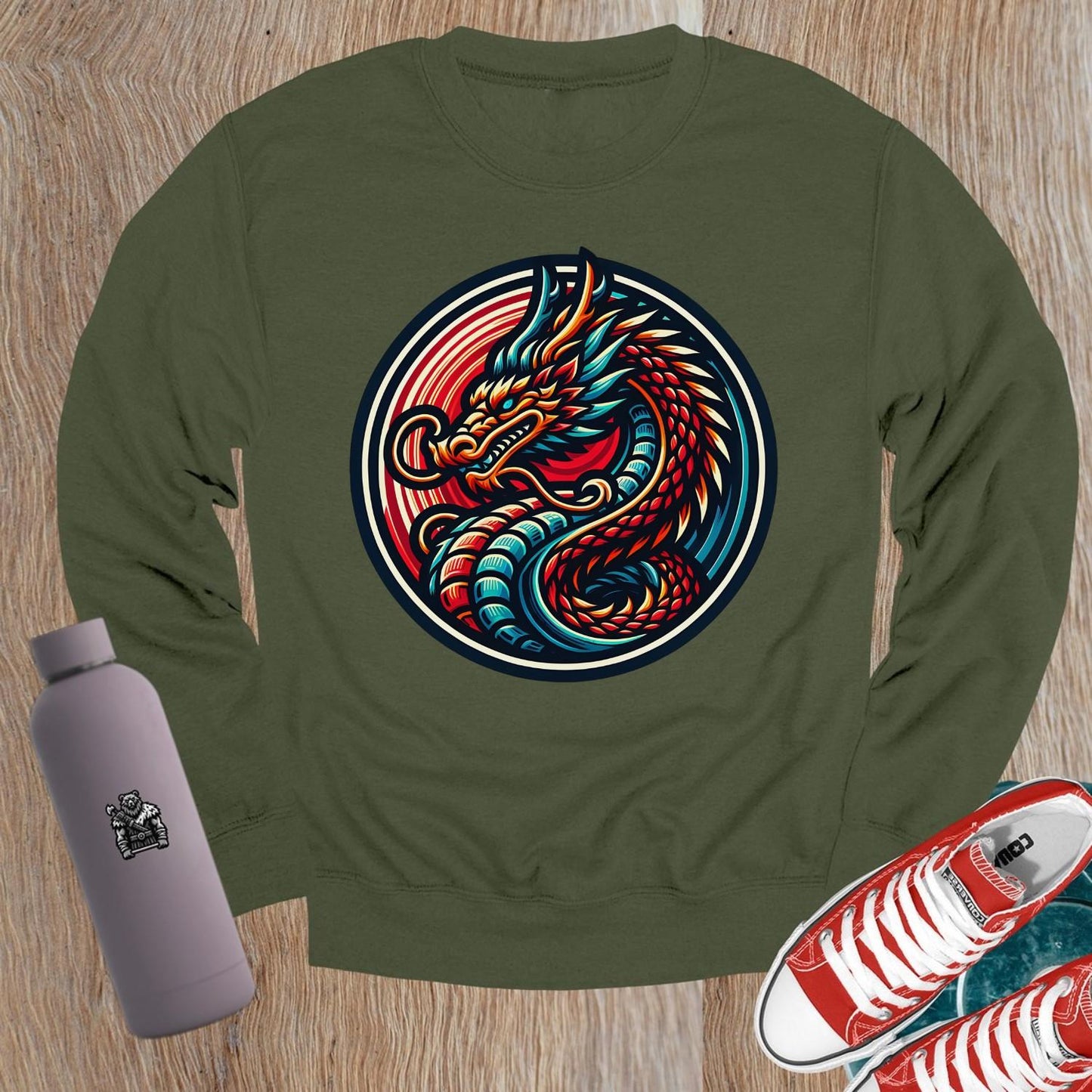 "Dynamic crewneck sweatshirt with vibrant dragon design, perfect for gym enthusiasts. Comfortable fit, showcasing strength and style."