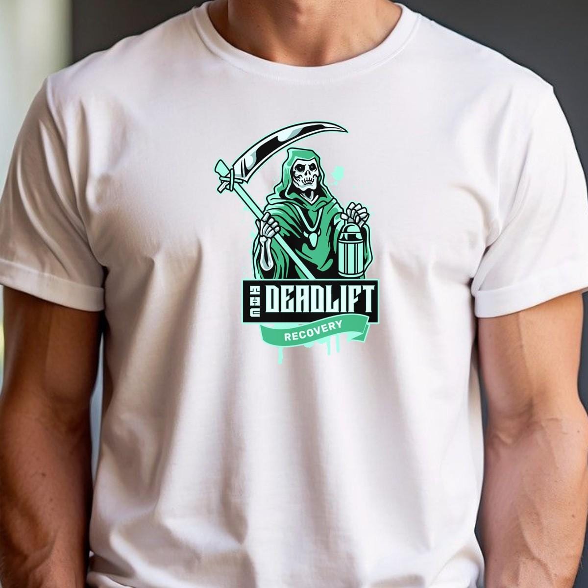 "Graphic gym t-shirt featuring a powerful Grim Reaper design, symbolizing strength and resilience in deadlift recovery for fitness enthusiasts."
