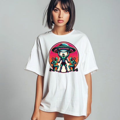 "Vibrant alien-themed gym T-shirt featuring bold graphics, perfect for fitness enthusiasts aiming to inspire confidence and creativity."