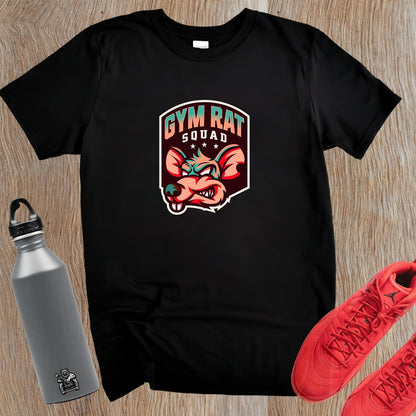 "Bold Gym Rat Squad T-shirt design featuring fierce graphics for fitness enthusiasts, perfect for weightlifting and cardio workouts."