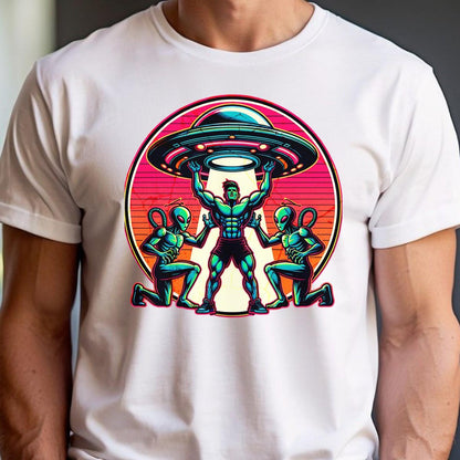 "Vibrant alien-themed gym T-shirt featuring bold graphics, perfect for fitness enthusiasts aiming to inspire confidence and creativity."